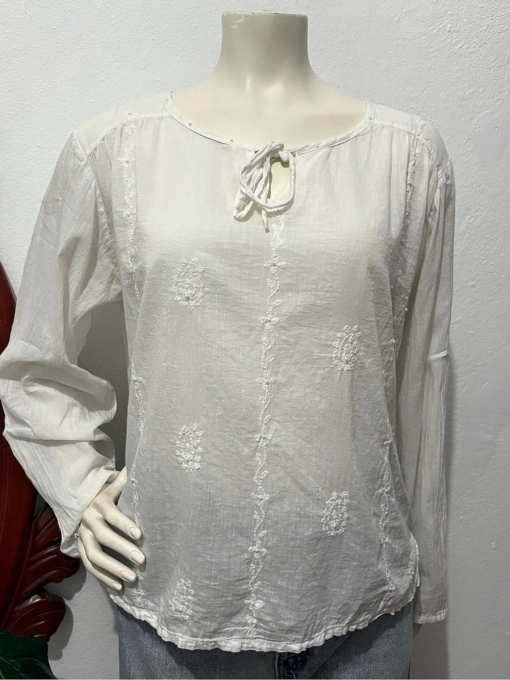 Y2K Nancy-K Embroidered Boho Cotton Long Sleeve Blouse in White Size Large